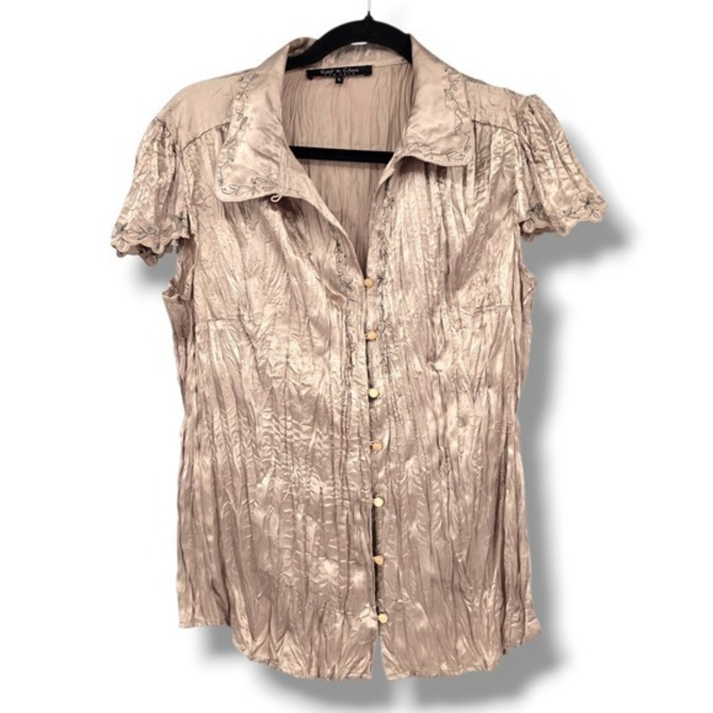 Violet & Claire New York Womens Crinkle‎ Top Shirt Large Beige Embroidered